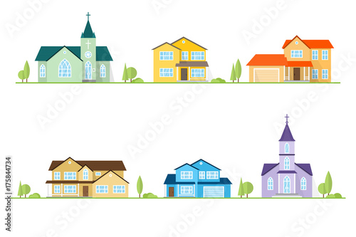 Neighborhood with homes and churches illustrated on white.