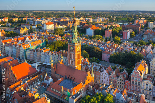 Aerial view of the old town in Gdansk at sunset, Poland