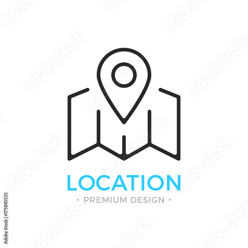 Location icon. Map with map pin, locator, geolocation, navigation concepts. Stroke, outline, linear, line style. Vector thin line icon