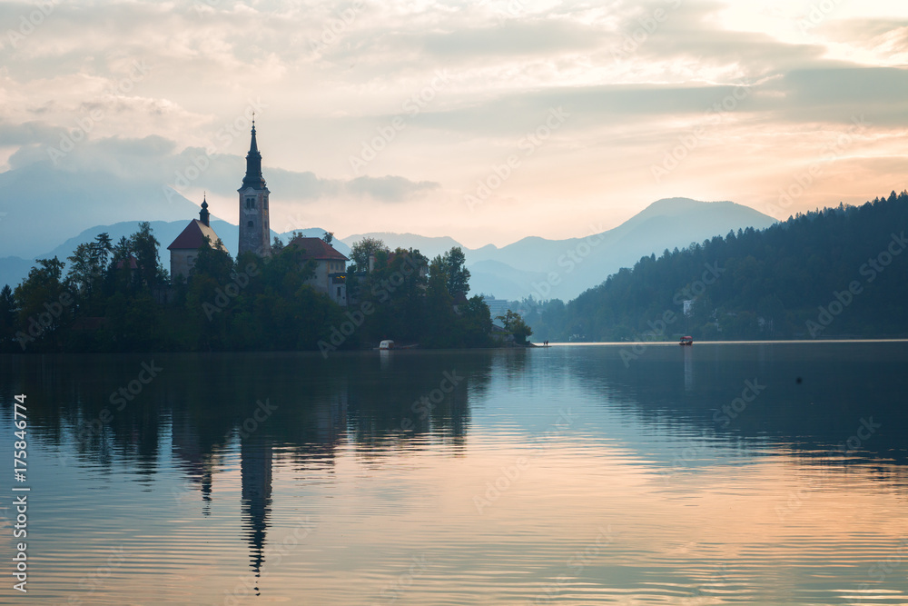 Church on island in Lake Bled , Slovenia
