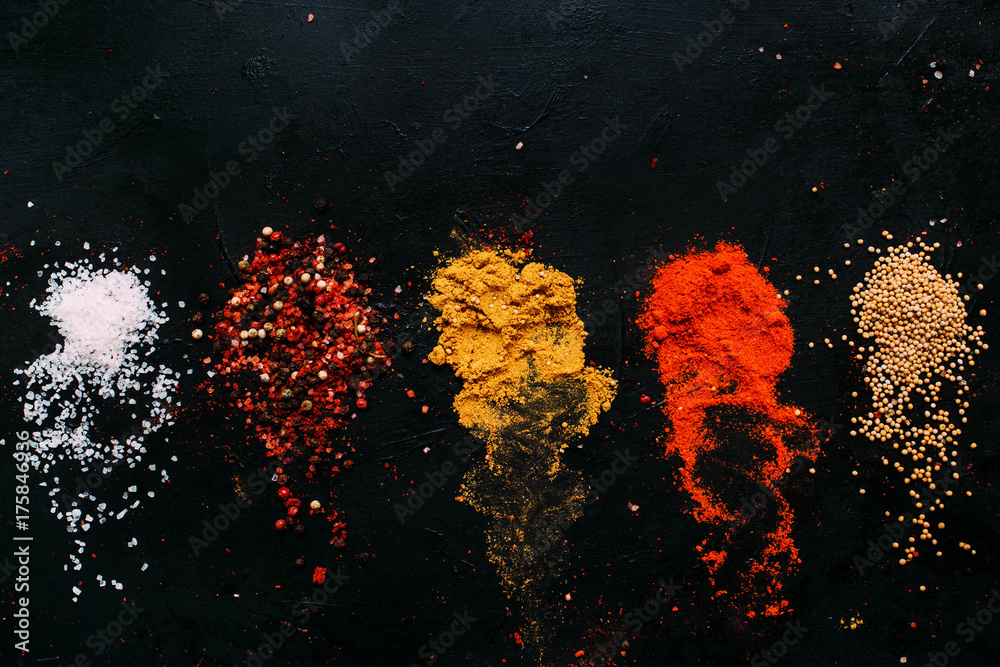 food spice salt mustard pepper paprika tumeric dark background concept