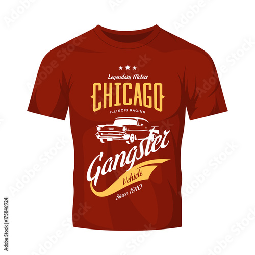 Vintage gangster vehicle vector logo on red t-shirt mock up.
Premium quality old classic car logotype tee-shirt emblem illustration. Chicago, Illinois street wear superior retro tee print design.