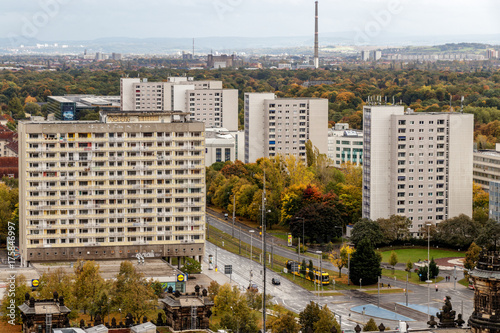 City view of Dresden in east Germany on a stormy autumn October day with the old Plattenbau, prefabricated concrete slabs. photo