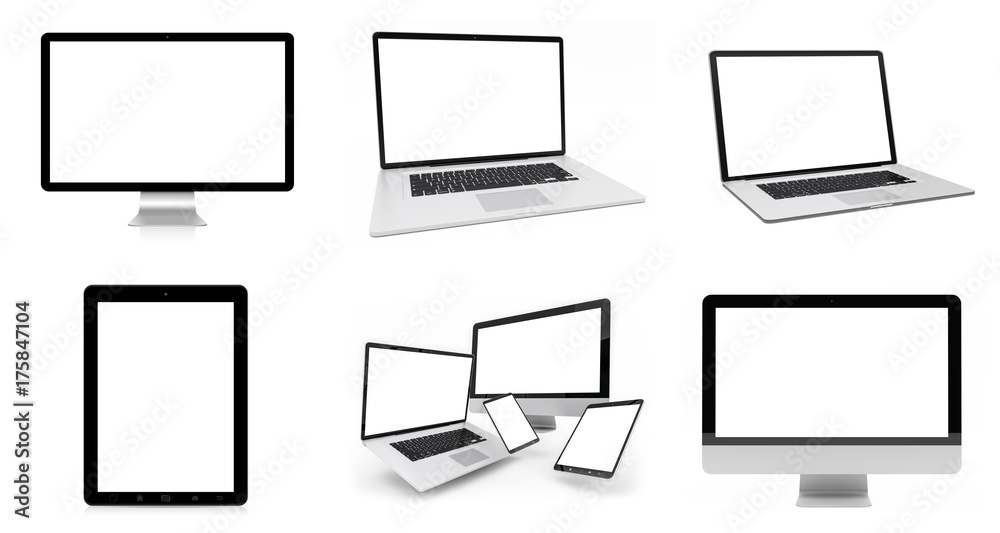 Modern digital silver tech device pack 3D rendering Modern digital silver tech device pack 3D rendering