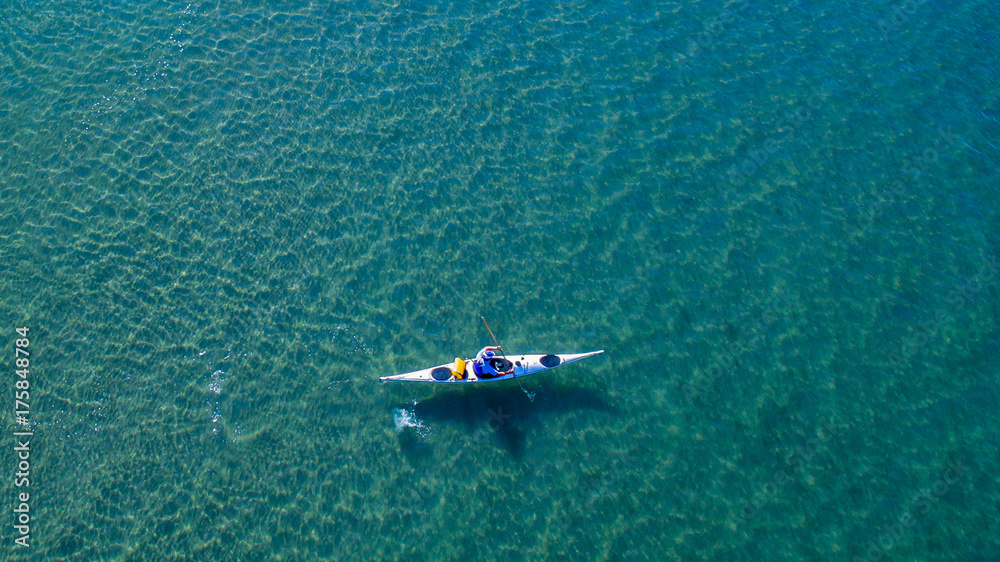 Aerial Drone top view, Kayaking in the Adriatic sea.