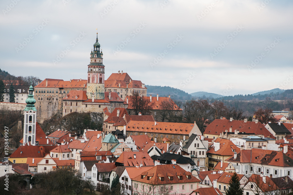 A fabulously beautiful view of the town of Cesky Krumlov in the Czech Republic. Favorite place of tourists from all over the world. One of the most beautiful unusual small cities in the world.