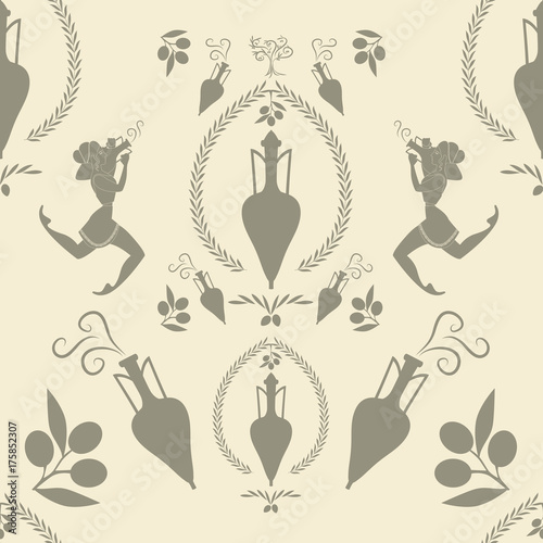 Pattern of ancient Greek amphora, girls and olive oil symbols