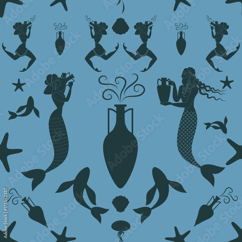 Pattern of ancient Greece mermaid and triton carrying an amphora. Mediterranean mythology