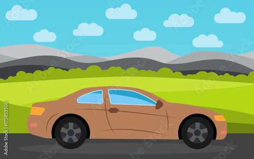 Brown sports car in the background of nature landscape in the daytime.  Vector illustration.   © dniprodd