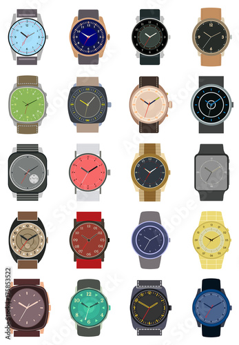 Set of twenty classic design mechanical wristwatch isolated on white background. Clock face with hour, minute and second hands. Vector illustration.

