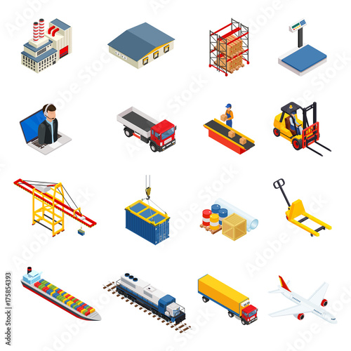 Global logistics isometric icons set of different transportation distribution vehicles and delivery elements isolated vector illustration. Logistic and delivery icon set isolated on white