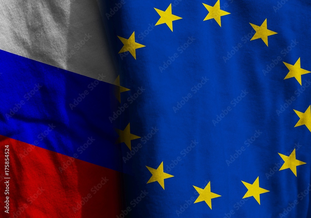 Two flags. Diagonal. Russia and European Union