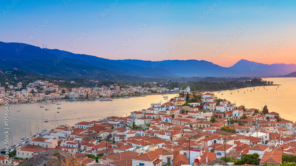 Fototapeta premium Sunset on Poros island in Aegean sea, Greece