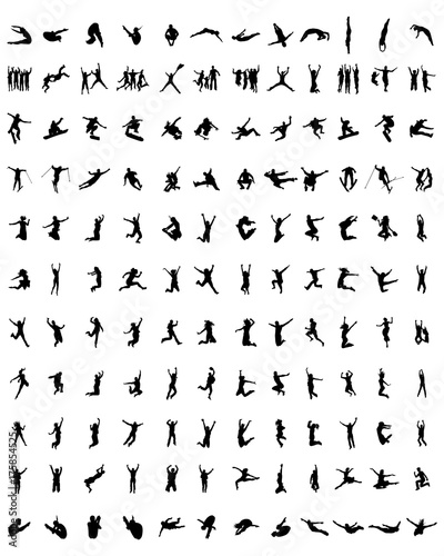 Silhouettes of people who jumping on a white background