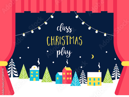 School or Theatre Stage Decorations for Christmas or New Year Play. Snowy Winter Wonderland and Lights Garlands. Class Play Sign. Vector Illustration