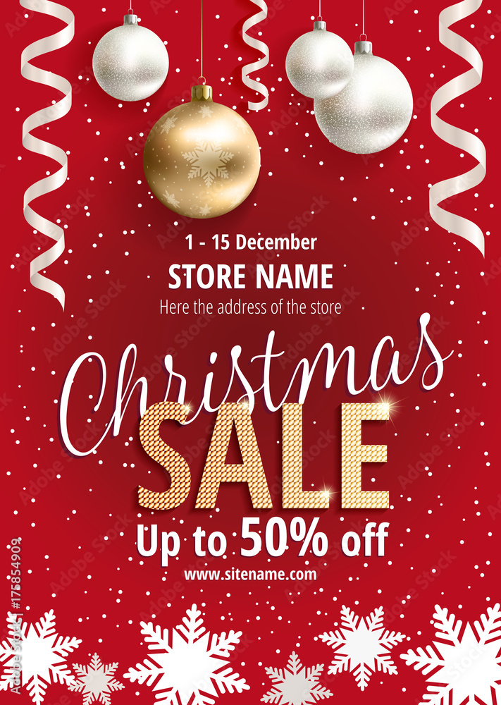 Vettoriale Stock The Christmas sale. Advertising poster for the store.  Discounts up to 50 percent. Red banner for website or flyer. Realistic  vector. Proportional to A3. Festive new year design template. EPS10.