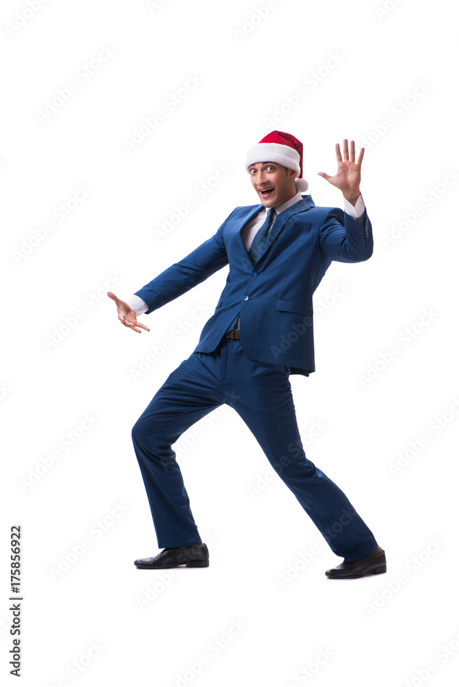 Young busnessman wearing santa hat in christmas concept on white Young busnessman wearing santa hat in christmas concept on white