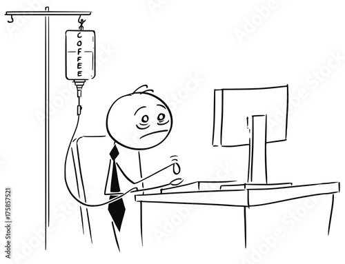 Tired Overworked Businessman Working on Computer with Coffee Infusion