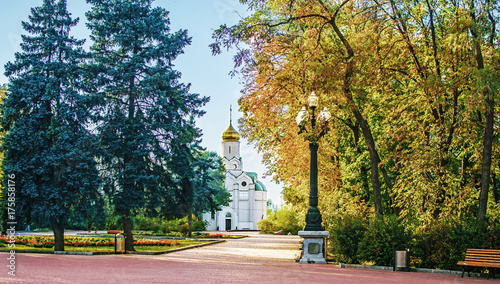 The Christian Church on Monastyrsky Island in the city of Dnepr on the river.. Dnepropetrovsk, Dnipropetrovsk, Dnipro city, Ukraine. Sunny Autumn day in Shevchenko Park