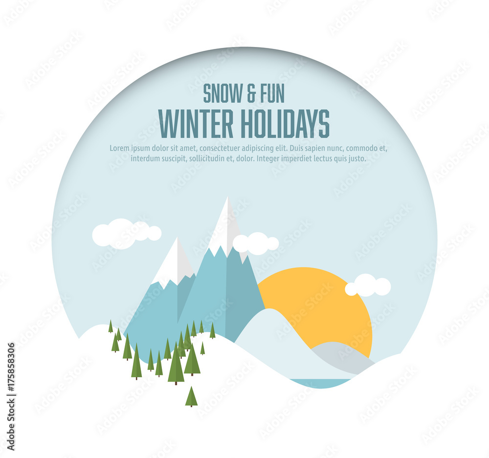 Winter holidays card with snowy landscape