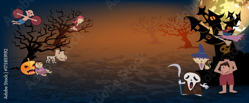 Halloween background,spooky many character of ghost with fullmoon