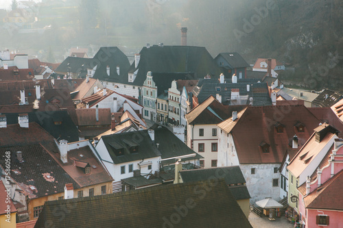A view from the air to beautiful authentic houses and streets in the town of Cesky Krumlov in the Czech Republic. One of the most beautiful small towns in the world. Europe.