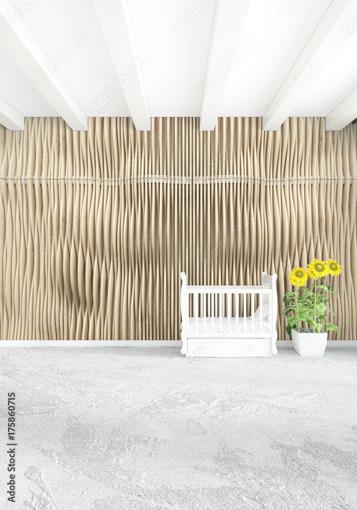 Obraz premium Vertical concept of loft nursery in modern style interior design with eclectic wall and copyspace. 3D Rendering.