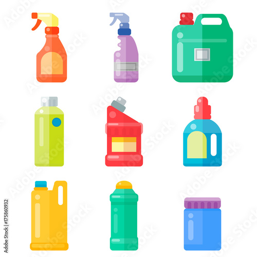 Bottles of household chemicals supplies cleaning housework plastic detergent liquid domestic fluid cleaner pack vector illustration.