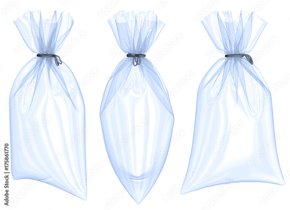 Transparent plastic bag tied with a rope. 3d images set. Isolated on