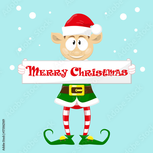 Cute and funny character Merry Christmas elf in santa claus hat. Happy New Year symbol.  Design element for congratulation card, banner, leaflet, poster. Cartoon style. Vector illustration.