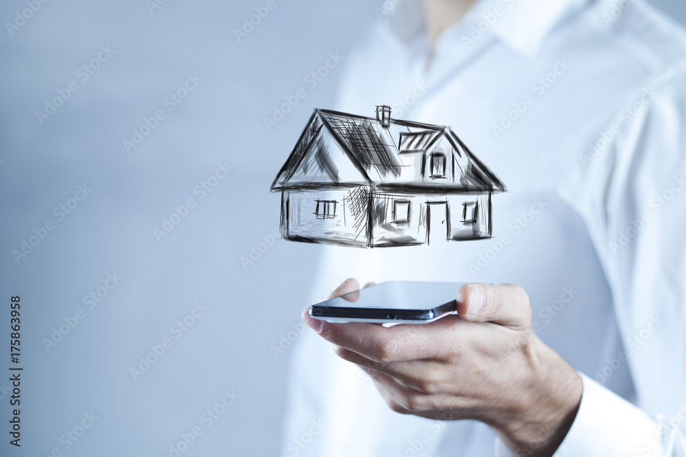 man hand smart phone and house model in screen man hand smart phone and house model in screen