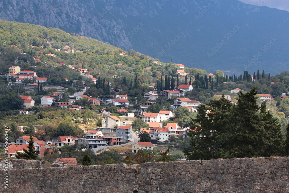 Panoramic view of a small European city in Montenegro