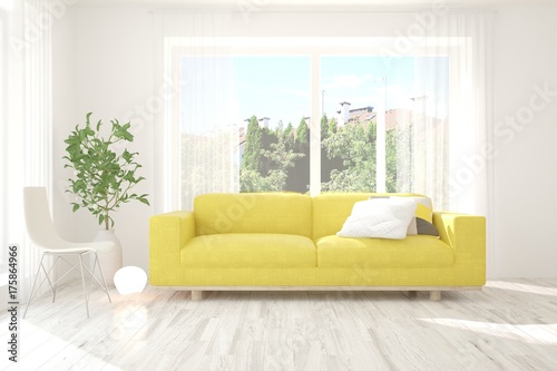 Wallpaper Mural Idea of white room with sofa and summer landscape in window. Scandinavian interior design. 3D illustration Torontodigital.ca