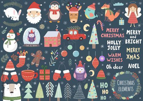 Vector set of cute Christmas elements: Santa, penguin, deer, bear, fox, owl, trees, snowman, bird, angel and more
