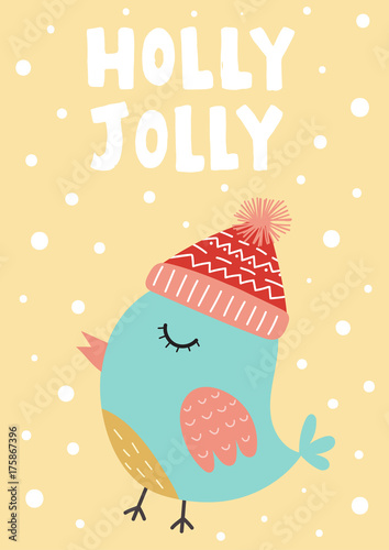 Holly Jolly Christmas greeting card with cute bird. Vector illustration