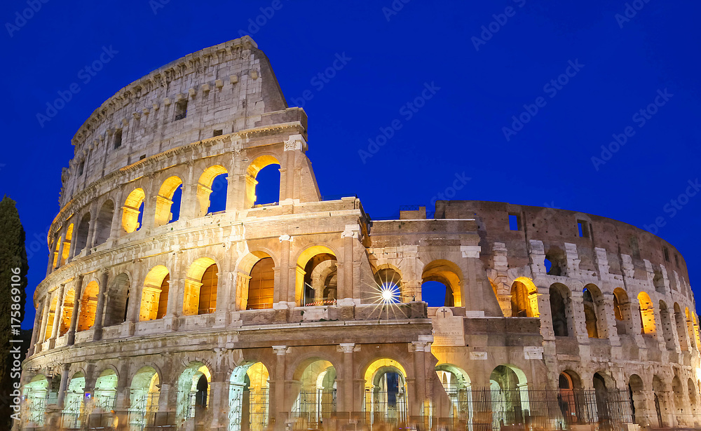 The famous Colosseum at night, Rome, Italy.