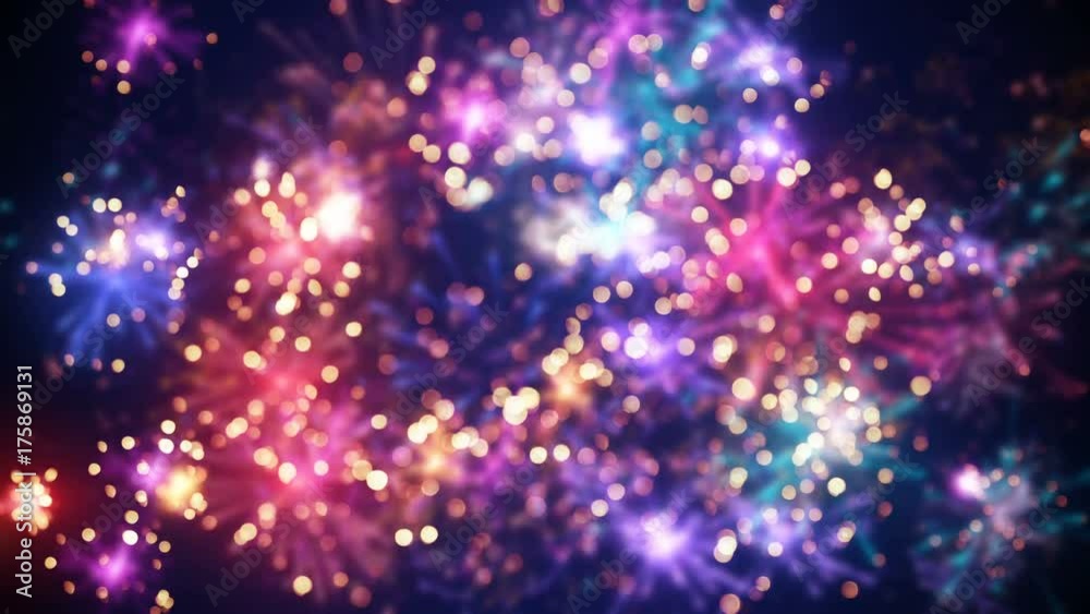 Blurred colorful fireworks. Digital designed holiday background seamless loop animation 4k (4096x2304)
