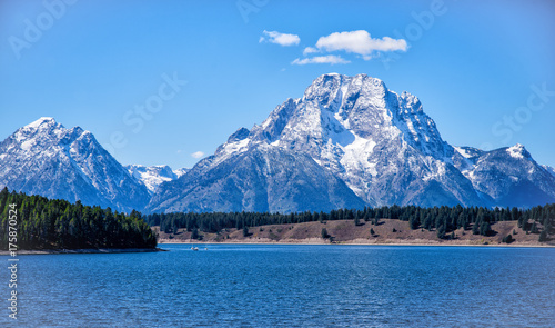 Mt. Moran and Jackson Lake on a blue sky day in Grand Teton National Park.