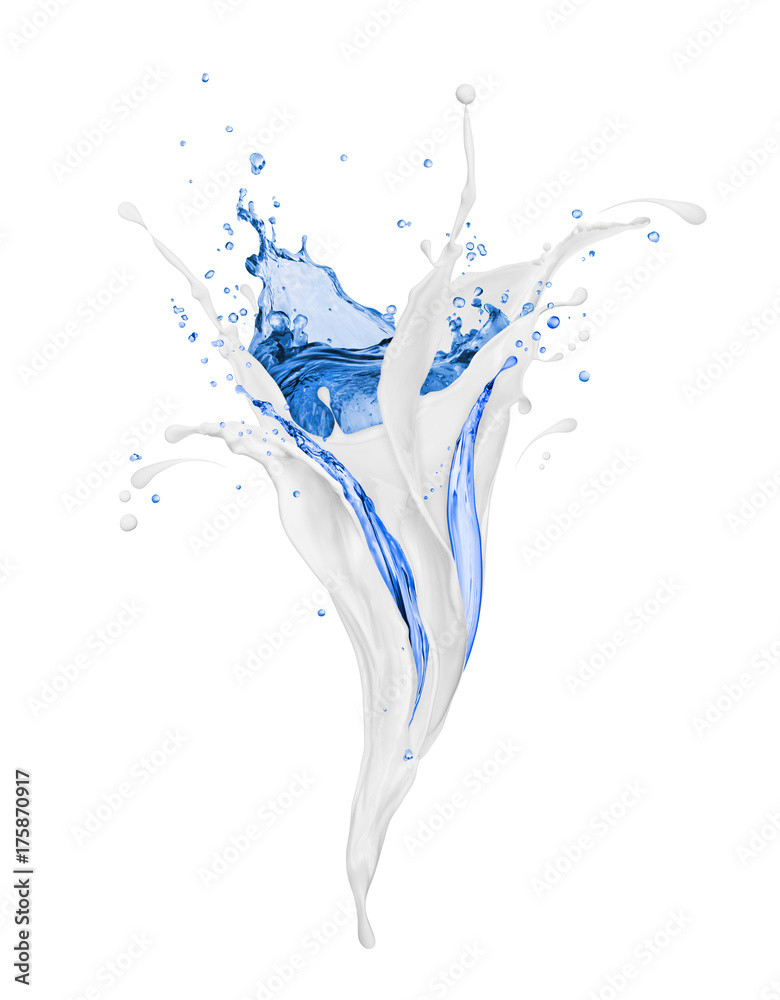 Abstract splashing milk and water, isolated on white background