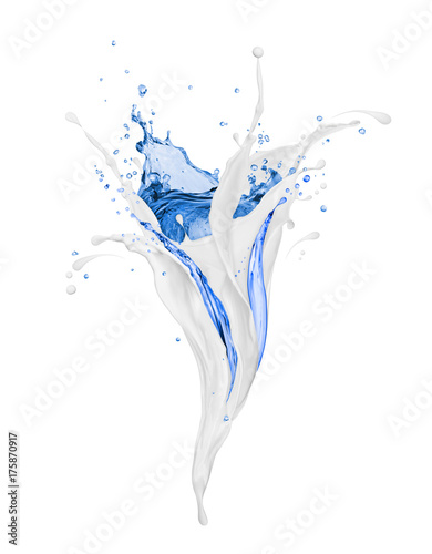 Abstract splashing milk and water, isolated on white background