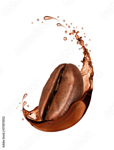 Coffee bean wrapped in coffee splash close-up, isolated on white background