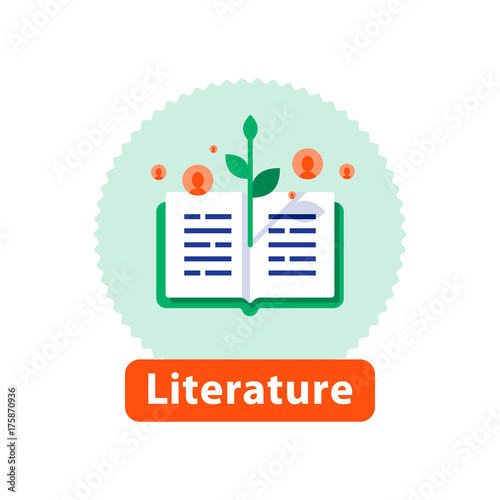 Open book, literature reading, storytelling and writing, education concept, vector icon