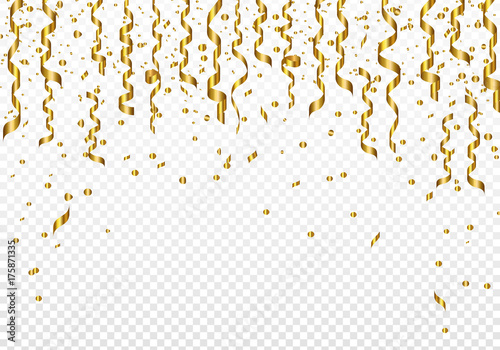 Celebration background template with confetti and ribbons on transparent background. Vector illustration.