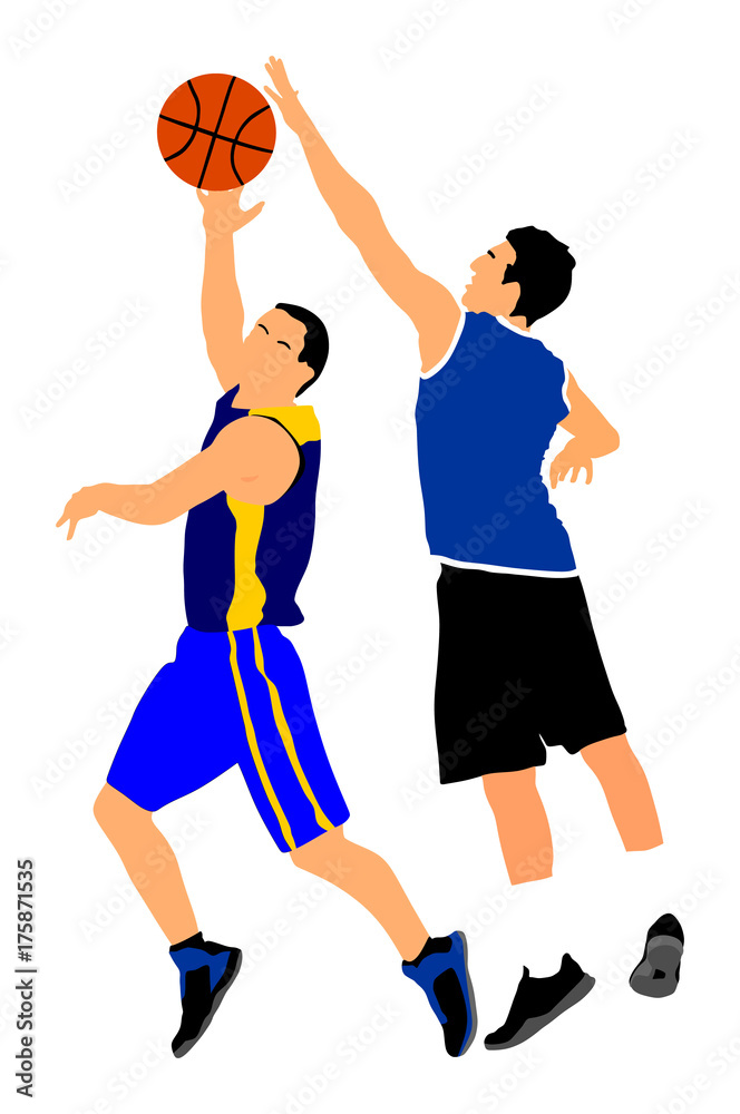 Basketball players vector illustration isolated on white background. Fight for the ball. Ramp.