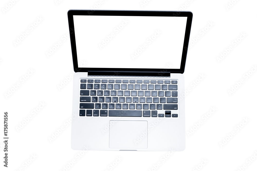 Top view, Male's hand working by using and typing on white laptop. Isolated on white background with clipping path.