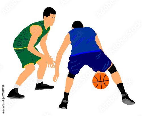 Basketball players vector illustration isolated on white background. Fight for the ball.