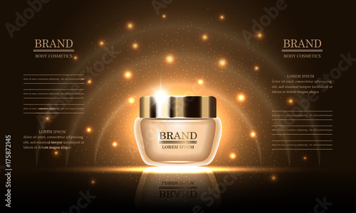 Cosmetics beauty series, premium body cream for skin care on gold background, template for design poster, placard, presentation, banners, cover, vector illustration.