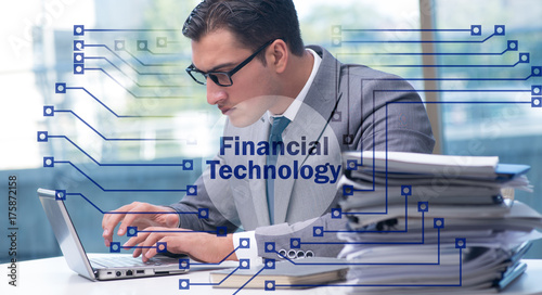 Businesswoman with laptop in financial technology fintech concep