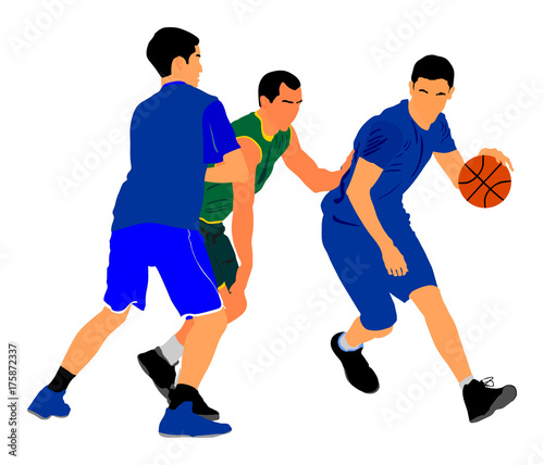 Basketball players vector illustration isolated on white background. Fight for the ball. Block situation.