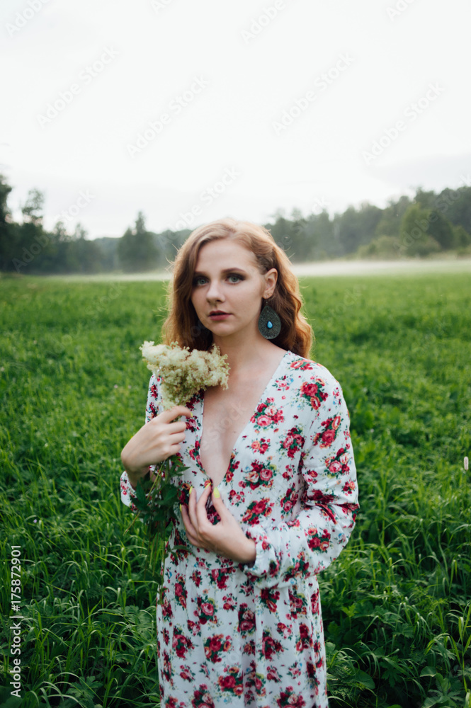 A beautiful girl in a colorful dress stands in the evening on a meadow against a background of fog. A beautiful girl in a colorful dress stands in the evening on a meadow against a background of fog.